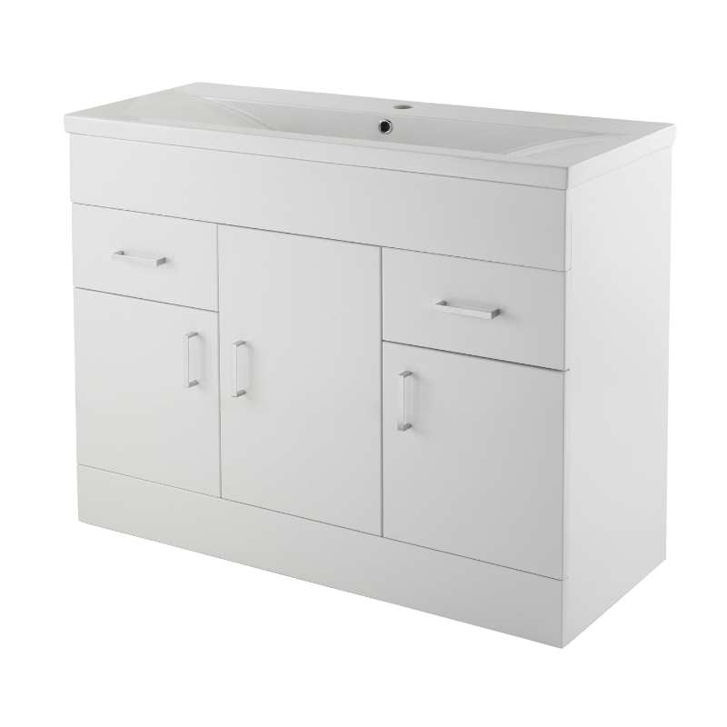 Nuie Eden Floor Standing 3 Door 2 Drawer Vanity Unit with Mid-Edge Basin (2 sizes, Gloss White) - Brand New Bathrooms