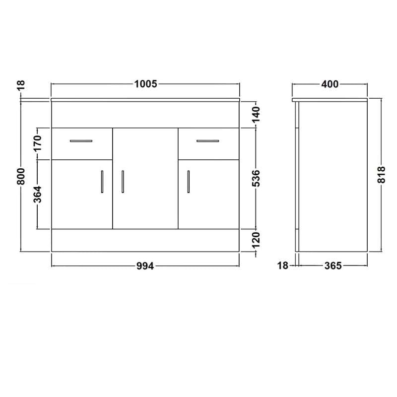 Nuie Eden Floor Standing 3 Door 2 Drawer Vanity Unit with Mid-Edge Basin (2 sizes, Gloss White) - Brand New Bathrooms