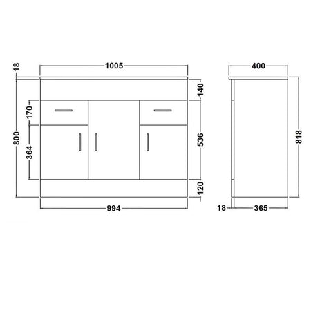 Nuie Eden Floor Standing 3 Door 2 Drawer Vanity Unit with Mid-Edge Basin (2 sizes, Gloss White) - Brand New Bathrooms