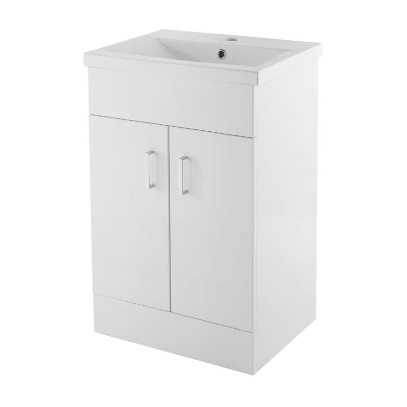 Nuie Eden Floor Standing 2 Door Vanity Unit with Minimalist Basin (2 sizes, Gloss White) - Brand New Bathrooms