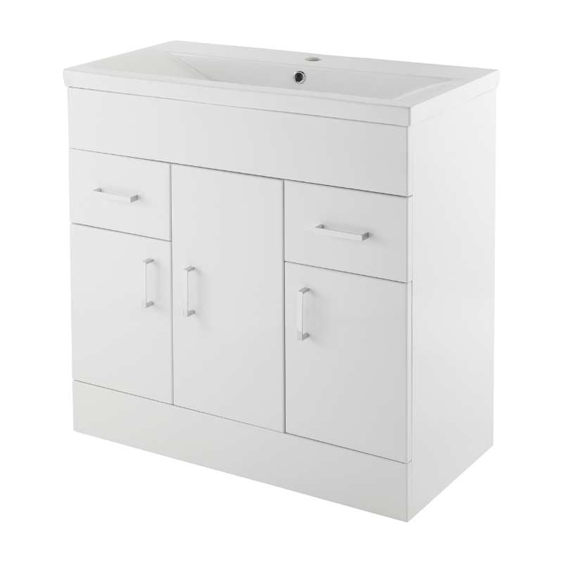 Nuie Eden Floor Standing 3 Door 2 Drawer Vanity Unit with Minimalist Basin (2 sizes, Gloss White) - Brand New Bathrooms