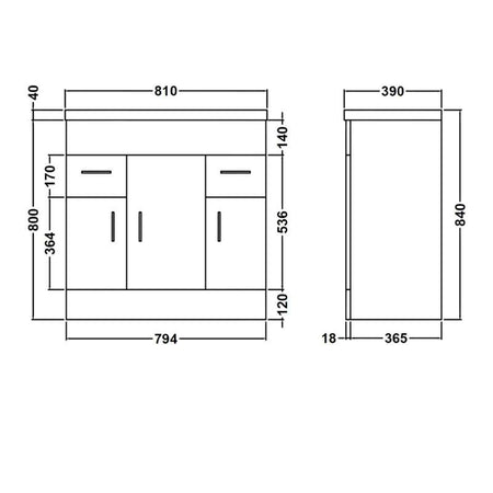 Nuie Eden Floor Standing 3 Door 2 Drawer Vanity Unit with Mid-Edge Basin (2 sizes, Gloss White) - Brand New Bathrooms