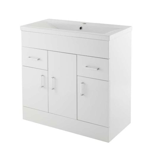 Nuie Eden Floor Standing 3 Door 2 Drawer Vanity Unit with Mid-Edge Basin (2 sizes, Gloss White) - Brand New Bathrooms