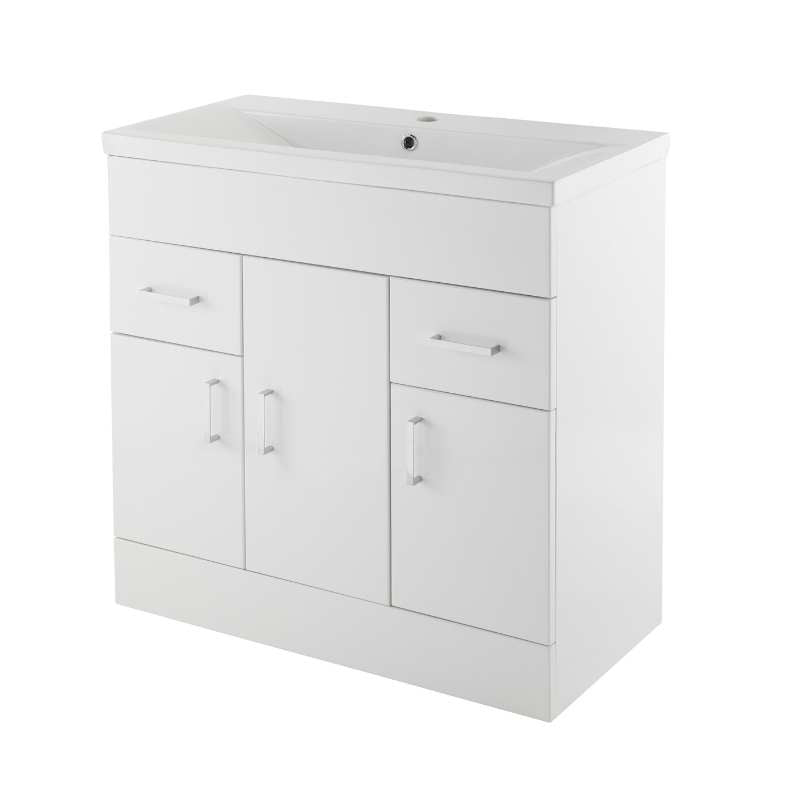 Nuie Eden Floor Standing 3 Door 2 Drawer Vanity Unit with Mid-Edge Basin (2 sizes, Gloss White) - Brand New Bathrooms