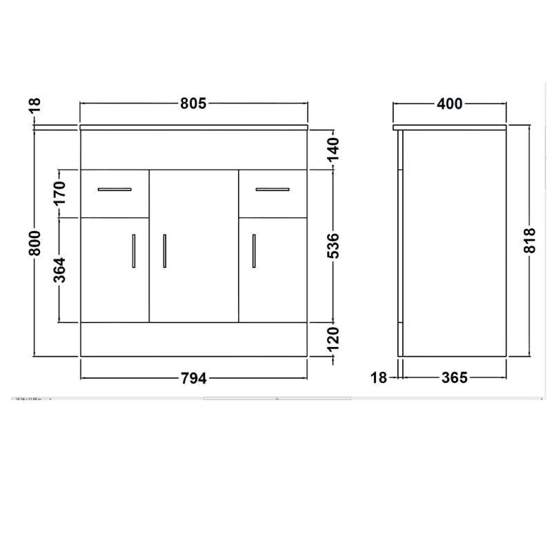 Nuie Eden Floor Standing 3 Door 2 Drawer Vanity Unit with Minimalist Basin (2 sizes, Gloss White) - Brand New Bathrooms