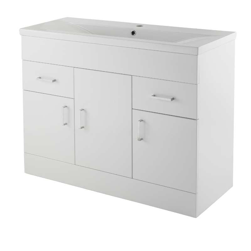 Nuie Eden Floor Standing 3 Door 2 Drawer Vanity Unit with Minimalist Basin (2 sizes, Gloss White) - Brand New Bathrooms