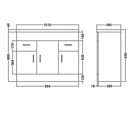 Nuie Eden Floor Standing 3 Door 2 Drawer Vanity Unit with Minimalist Basin (2 sizes, Gloss White) - Brand New Bathrooms