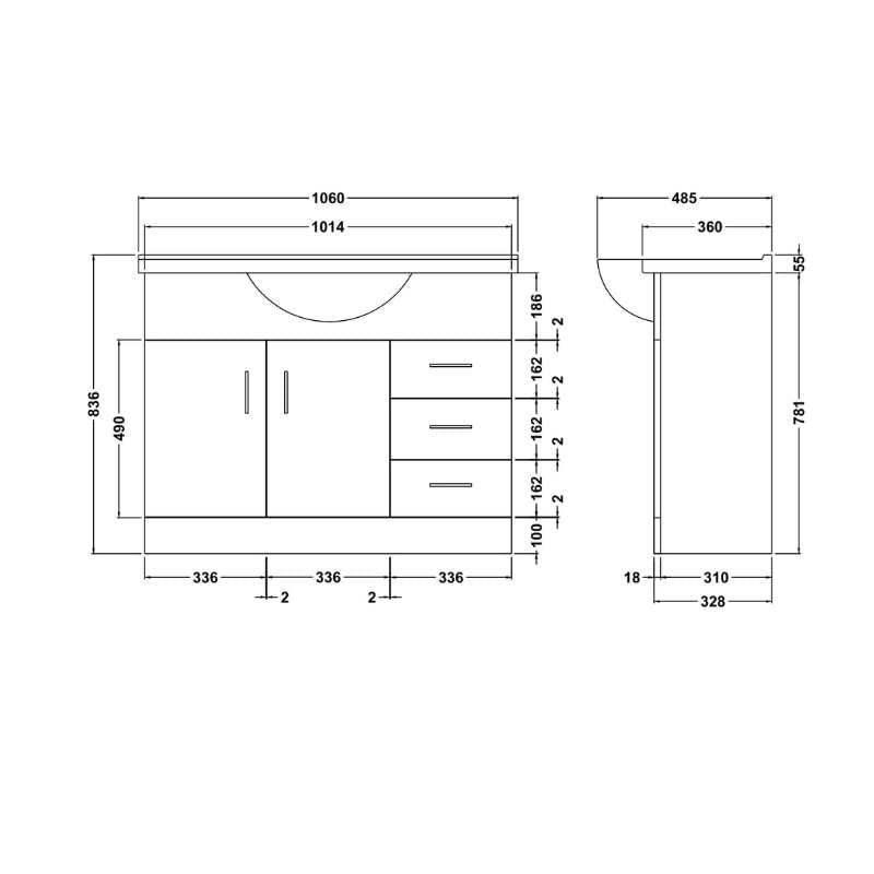 Nuie Mayford Floor Standing 2 Door 3 Drawer Vanity Unit with Round Basin (1 size, Gloss White) - Brand New Bathrooms