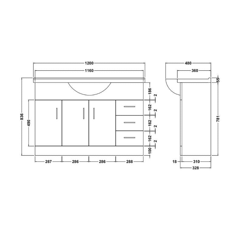 Nuie Mayford Floor Standing 3 Door 3 Drawer Vanity Unit with Round Basin (1 size, Gloss White) - Brand New Bathrooms