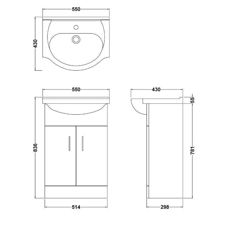 Nuie Mayford Floor Standing 2 Door Vanity Unit with Round Basin (2 sizes, Gloss White) - Brand New Bathrooms