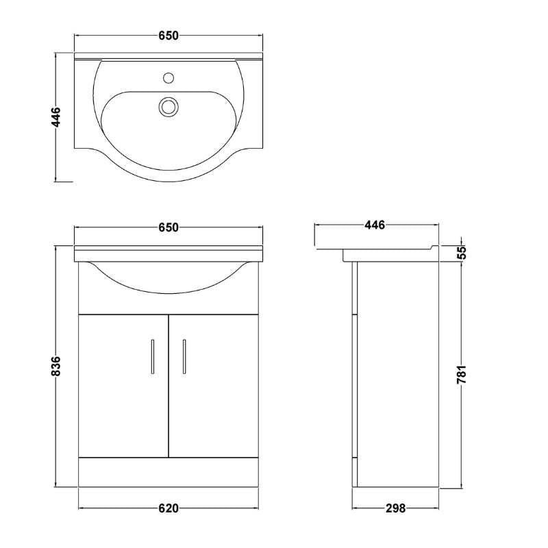 Nuie Mayford Floor Standing 2 Door Vanity Unit with Round Basin (2 sizes, Gloss White) - Brand New Bathrooms