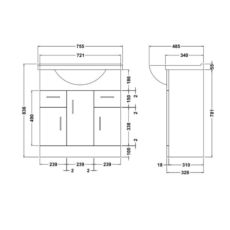 Nuie Mayford Floor Standing 3 Door 2 Drawer Vanity Unit with Round Basin (2 sizes, Gloss White) - Brand New Bathrooms