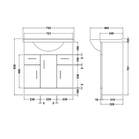 Nuie Mayford Floor Standing 3 Door 2 Drawer Vanity Unit with Round Basin (2 sizes, Gloss White) - Brand New Bathrooms