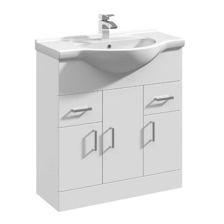 Nuie Mayford Floor Standing 3 Door 2 Drawer Vanity Unit with Round Basin (2 sizes, Gloss White) - Brand New Bathrooms