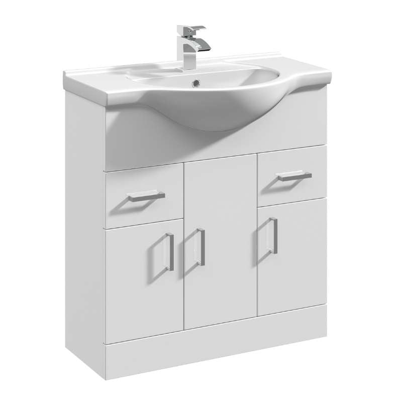 Nuie Mayford Floor Standing 3 Door 2 Drawer Vanity Unit with Round Basin (2 sizes, Gloss White) - Brand New Bathrooms