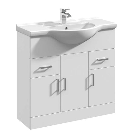 Nuie Mayford Floor Standing 3 Door 2 Drawer Vanity Unit with Round Basin (2 sizes, Gloss White) - Brand New Bathrooms