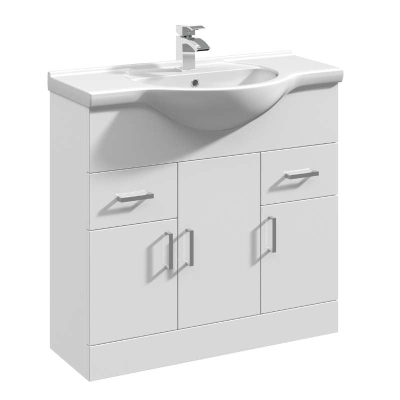Nuie Mayford Floor Standing 3 Door 2 Drawer Vanity Unit with Round Basin (2 sizes, Gloss White) - Brand New Bathrooms