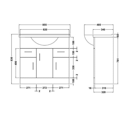 Nuie Mayford Floor Standing 3 Door 2 Drawer Vanity Unit with Round Basin (2 sizes, Gloss White) - Brand New Bathrooms
