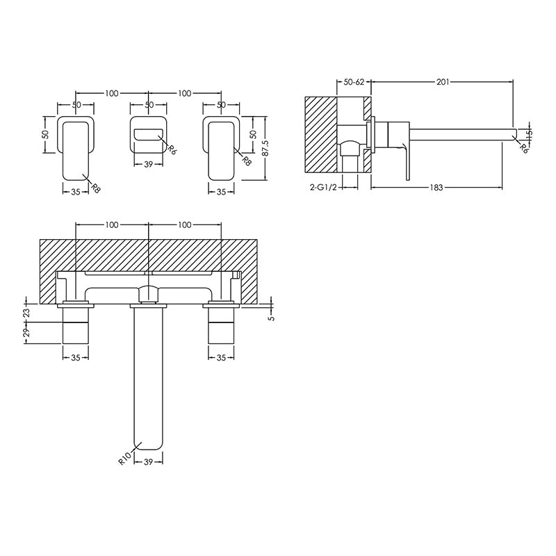 Nuie Windon Wall Mounted 3 Tap Hole Basin Mixer (Chrome) - Brandnew Bathroom
