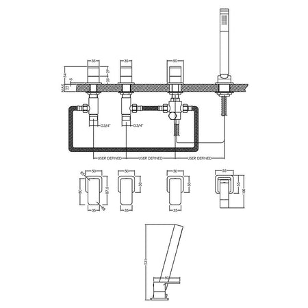 Nuie Windon Deck Mounted 4 Tap Hole Bath Shower Mixer No Spout (Chrome) - Brandnew Bathroom
