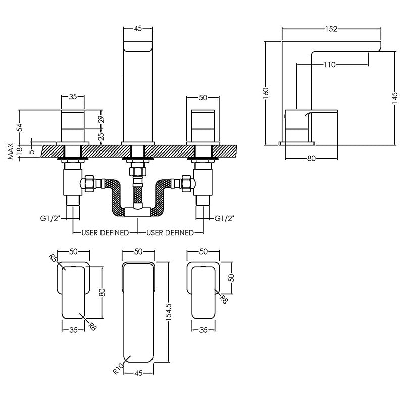 Nuie Windon Deck Mounted 3 Tap Hole Basin Mixer With Pop Up Waste (Chrome) - Brandnew Bathroom
