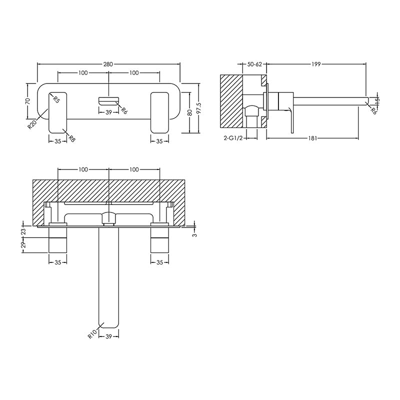 Nuie Windon Wall Mounted 3 Tap Hole Basin Mixer With Plate (Chrome) - Brandnew Bathroom