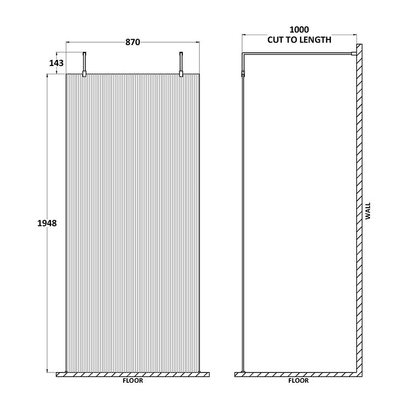 Nuie Fluted Wetroom Scren with Arms & Feet (3 sizes, 3 colours) - Brandnew Bathroom