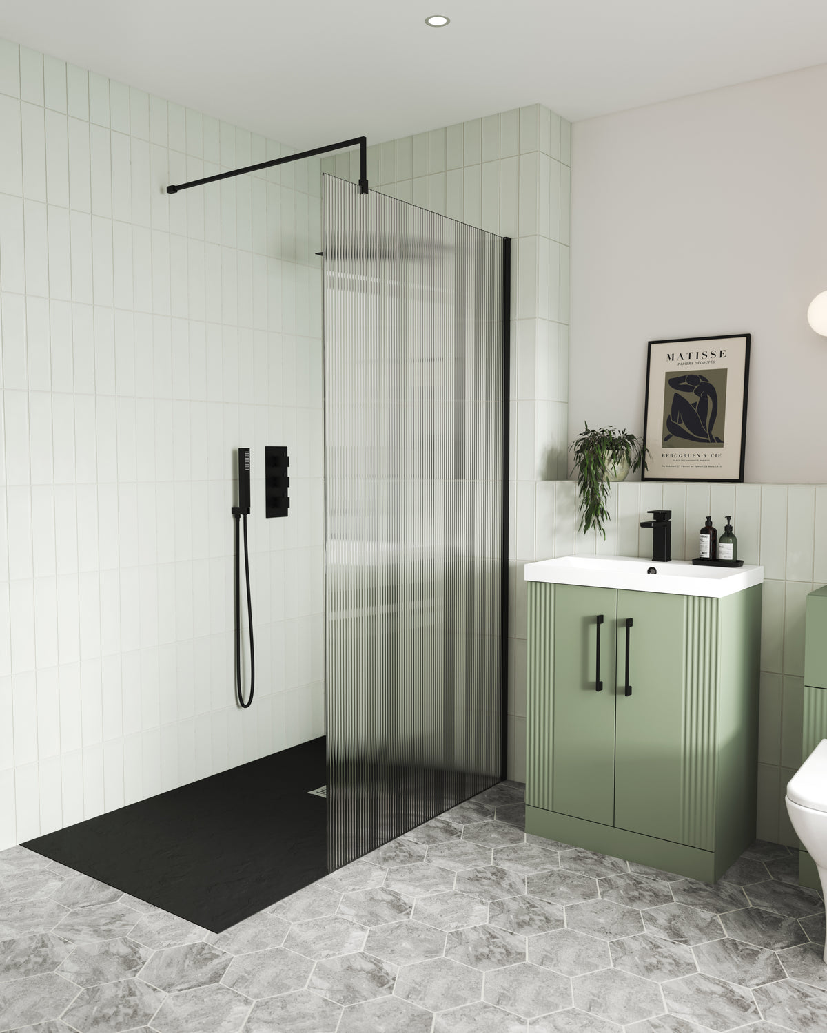 Nuie Fluted Wetroom Screen including Support Bar (1 size, 3 colours) - Brand New Bathrooms