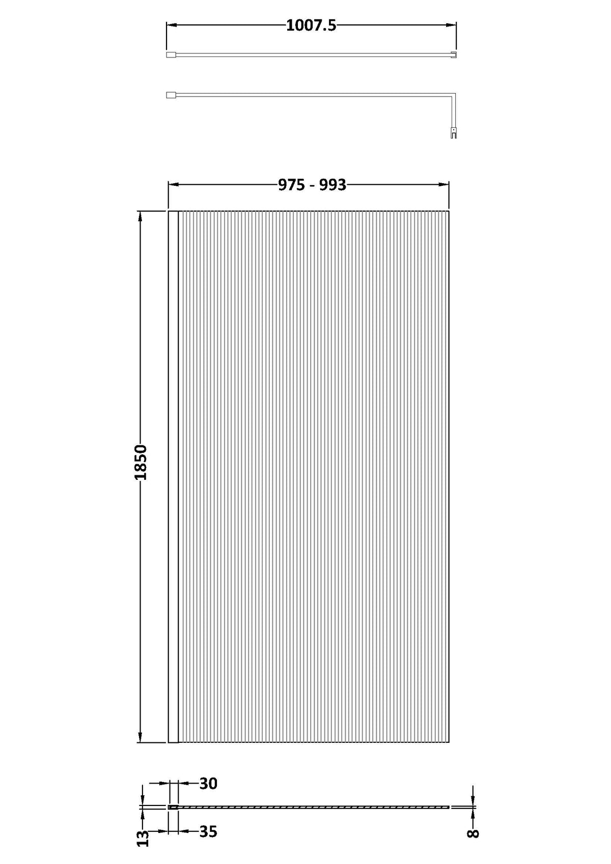 Nuie Fluted Wetroom Screen Including Support Bar (1 size, 4 colours) - Brand New Bathrooms