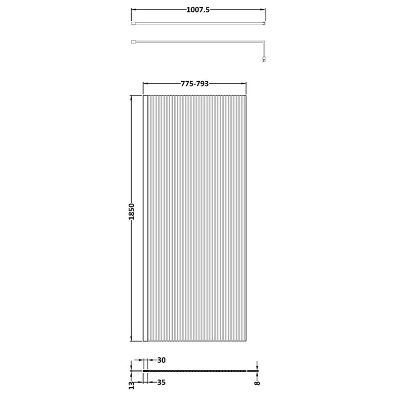 Nuie Fluted Wetroom Screen Including Support Bar (1 size, 3 colours) - Brandnew Bathroom