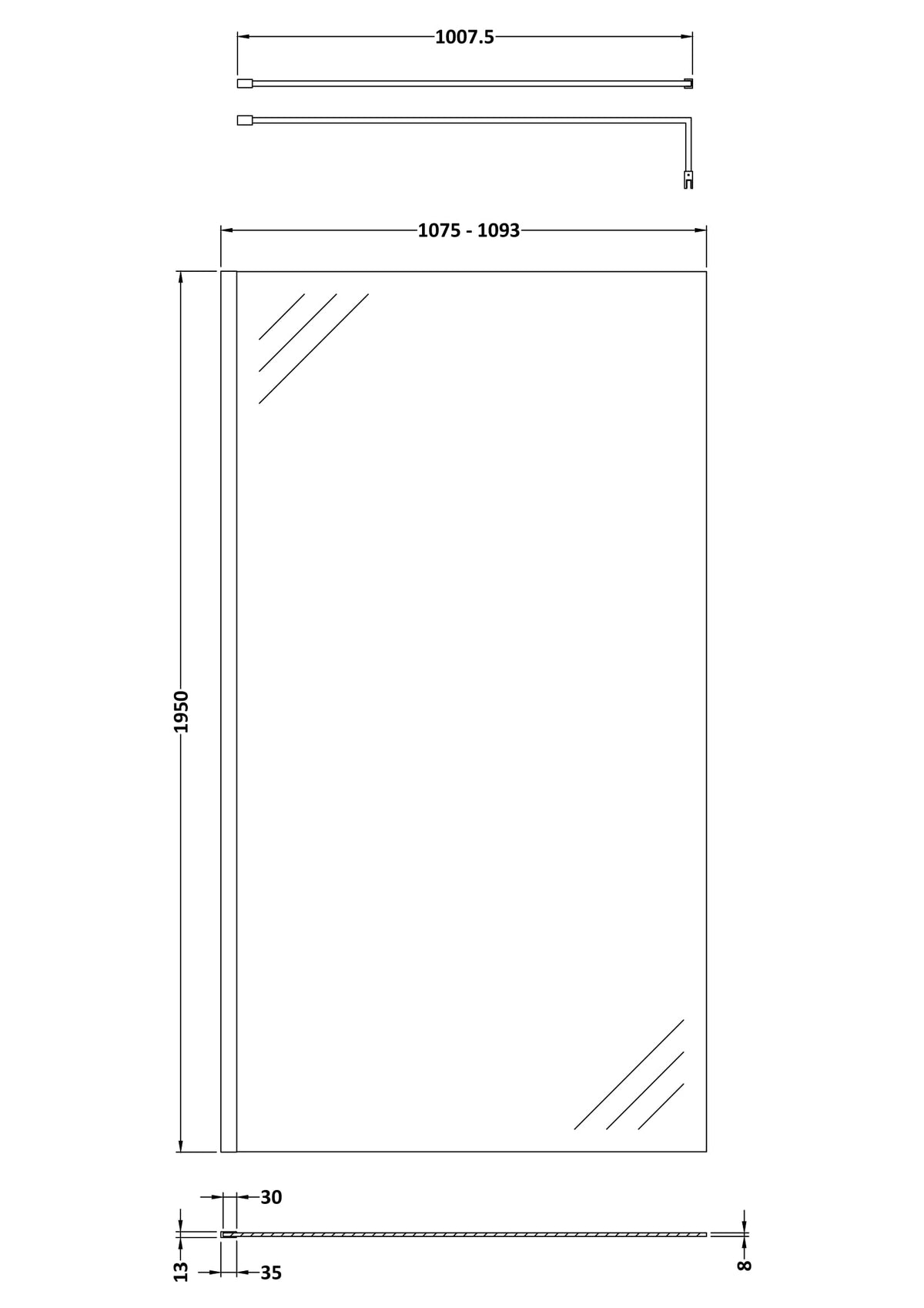 Nuie Wetroom Screen & Support Bar (7 sizes, Polished Chrome) - Brandnew Bathroom