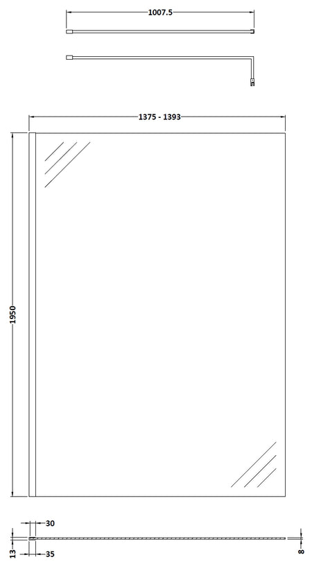 Nuie Wetroom Screen & Support Bar (7 sizes, Polished Chrome) - Brandnew Bathroom