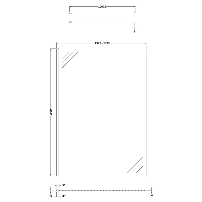 Nuie Wetroom Screen With Brass Support Bar (7 sizes, 2 colours) - Brandnew Bathroom