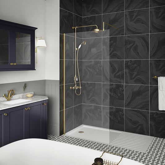 Nuie Wetroom Screen With Brass Support Bar (7 sizes, 2 colours) - Brandnew Bathroom