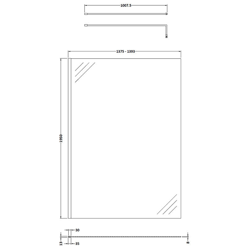 Nuie Wetroom Screen With Brass Support Bar (7 sizes, 2 colours) - Brandnew Bathroom