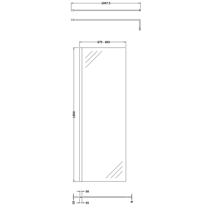 Nuie Wetroom Screen With Brass Support Bar (7 sizes, 2 colours) - Brandnew Bathroom