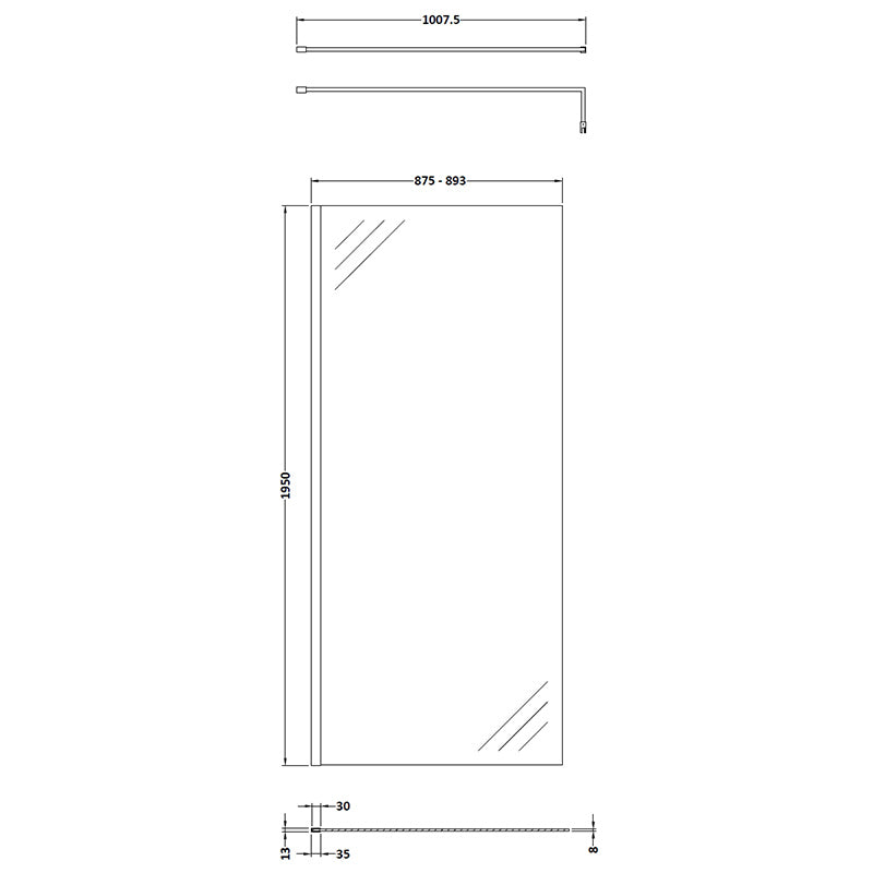 Nuie Wetroom Screen With Brass Support Bar (7 sizes, 2 colours) - Brandnew Bathroom