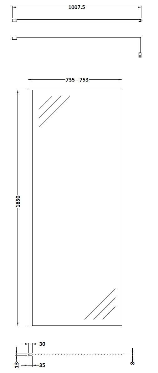 Nuie Wetroom Screen & Support Bar (8 sizes, Chrome) - Brand New Bathrooms