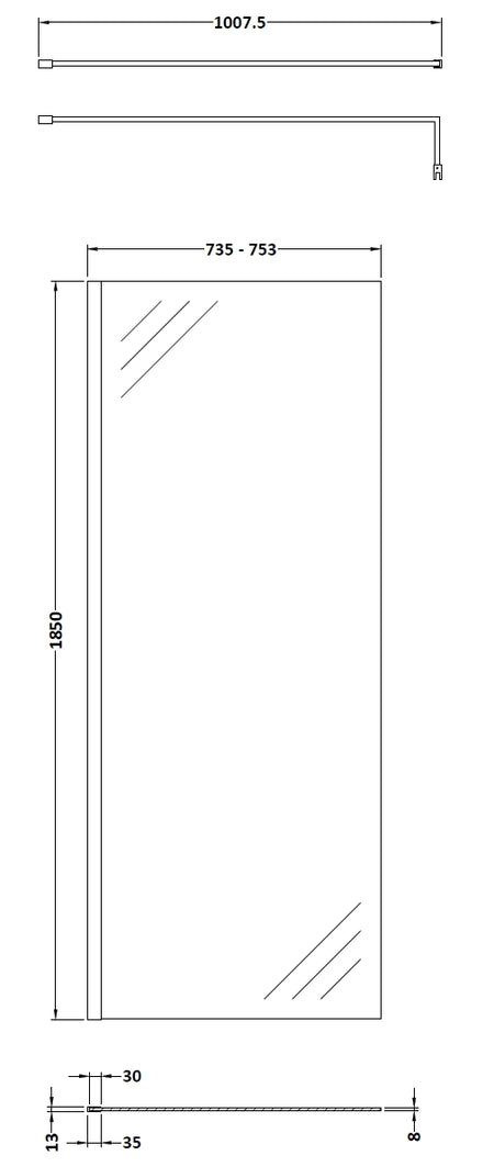 Nuie Wetroom Screen & Support Bar (8 sizes, Chrome) - Brand New Bathrooms