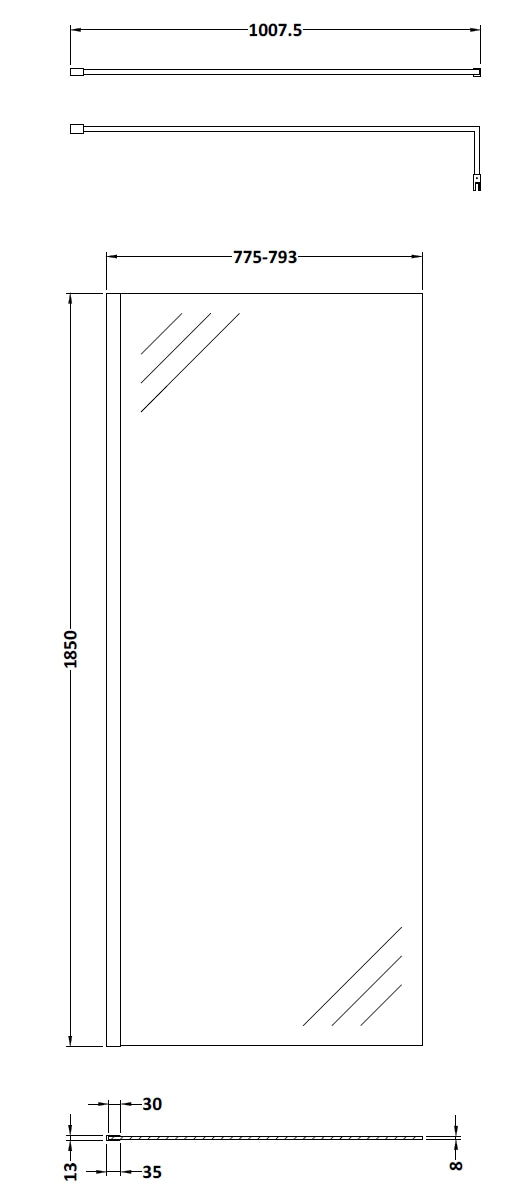 Nuie Wetroom Screen & Support Bar (8 sizes, Chrome) - Brand New Bathrooms