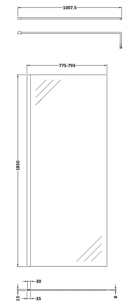 Nuie Wetroom Screen & Support Bar (8 sizes, Chrome) - Brand New Bathrooms