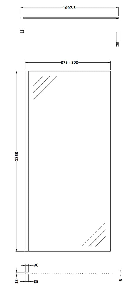 Nuie Wetroom Screen & Support Bar (8 sizes, Chrome) - Brand New Bathrooms