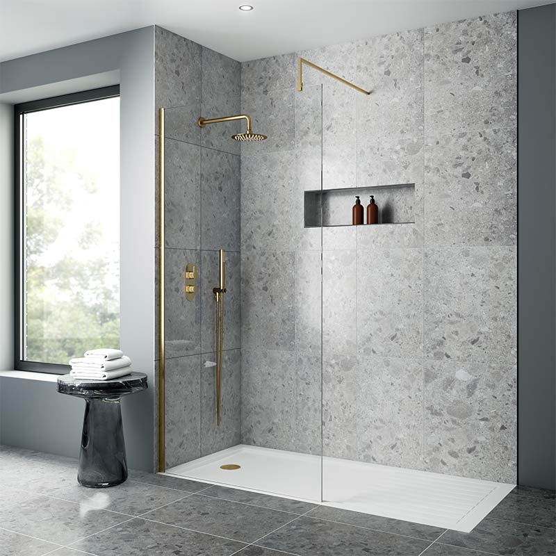 Nuie Wetroom Screen With Support Bar (8 sizes, Brushed Brass) - Brandnew Bathroom