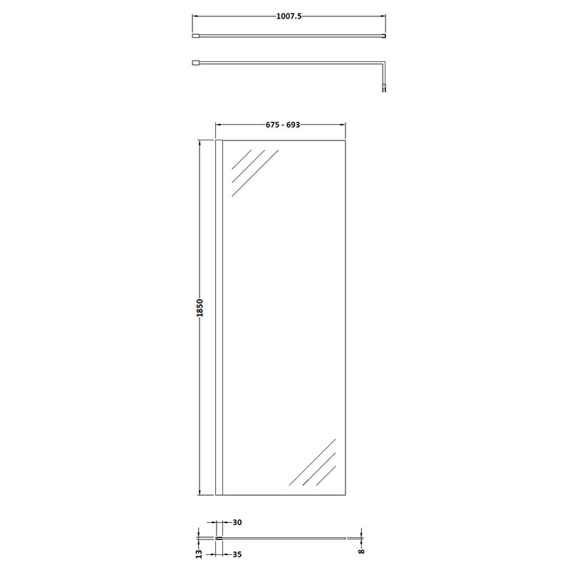 Nuie Wetroom Screen With Support Bar (8 sizes, Brushed Brass) - Brandnew Bathroom