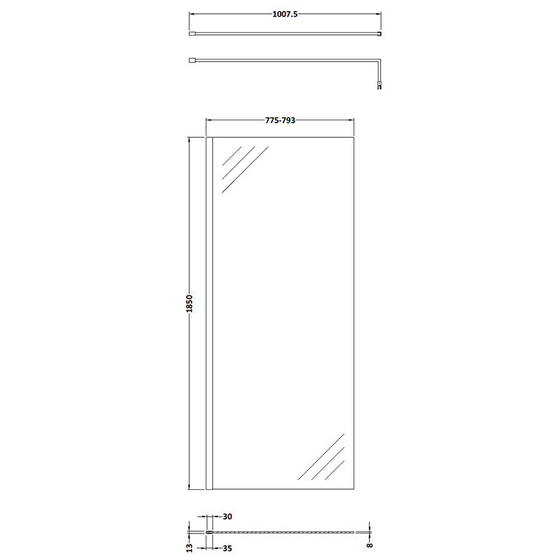 Nuie Wetroom Screen With Support Bar (8 sizes, Brushed Brass) - Brandnew Bathroom