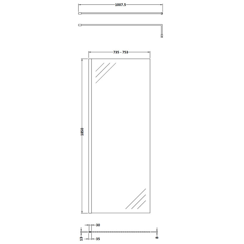 Nuie Wetroom Screen & Support Bar (8 sizes, Matt Black) - Brand New Bathrooms