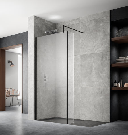 Nuie Wetroom Screen & Support Bar (8 sizes, Matt Black) - Brand New Bathrooms