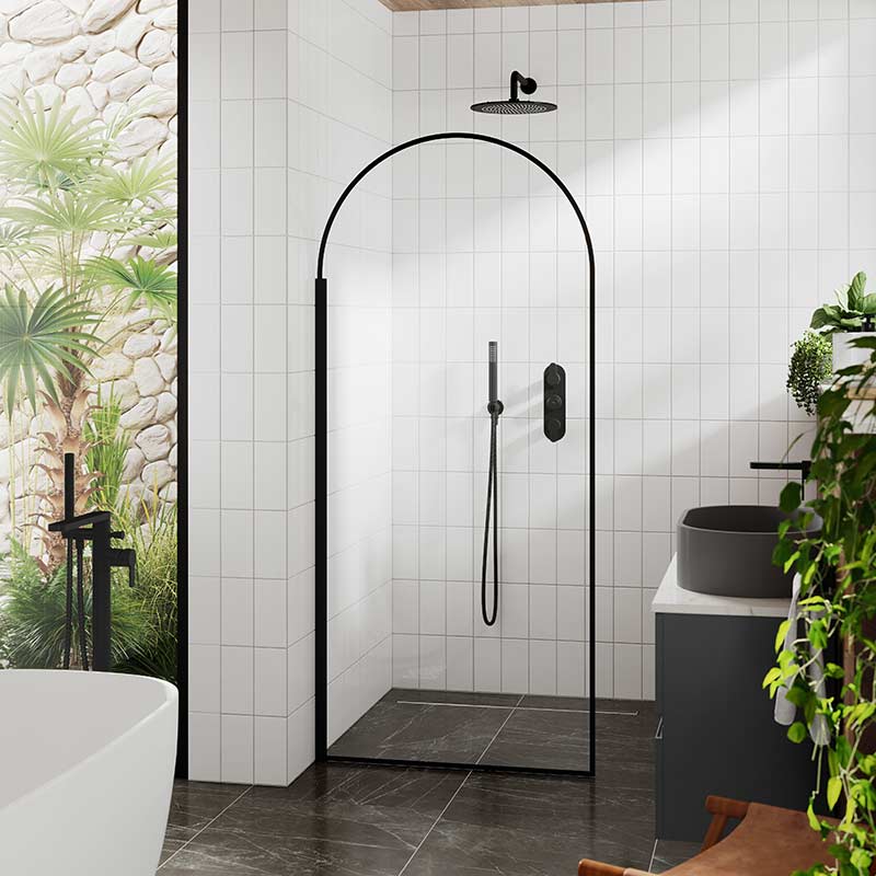 Nuie Arched Wetroom Screen 8mm Glass (2 sizes, Matt Black) - Brandnew Bathroom
