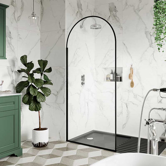 Nuie Arched Wetroom Screen 8mm Glass (2 sizes, Matt Black) - Brandnew Bathroom