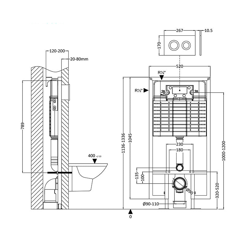 Nuie Concealed Toilet Cistern, Wall Hung Frame and Dual Flush Push Button (1 size, 2 styles, Chrome) - Brand New Bathrooms